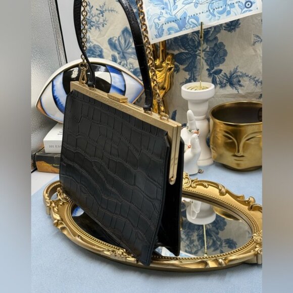 🆕 OROTON 🧿 NWOT Black Icon Frame Croco Clutch - Picture 5 of 16